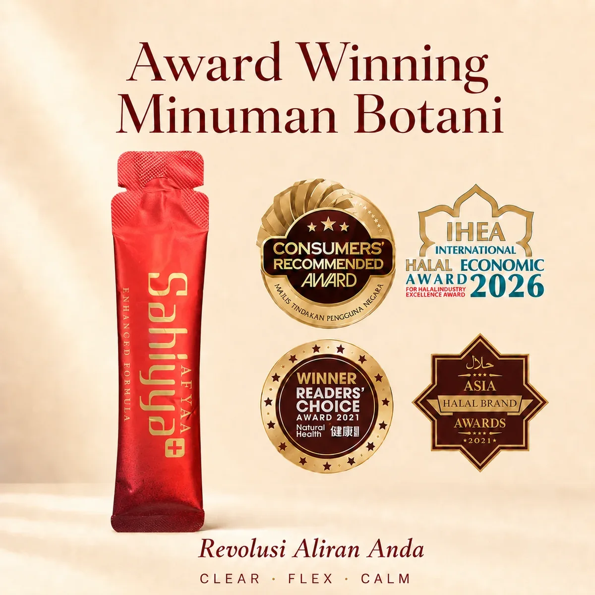 Sahiyya+ Award Winning Minuman Botani &mdash; Consumers' Recommended Award, IHEA International Halal Economic Award 2026, Readers' Choice Award 2021, Asia Halal Brand Awards 2021