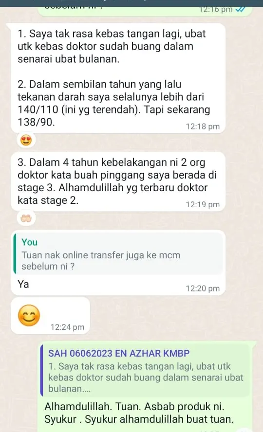 Testimoni WhatsApp: Tak Rasa Kebas2 Lagi & Tekanan Darah Turun