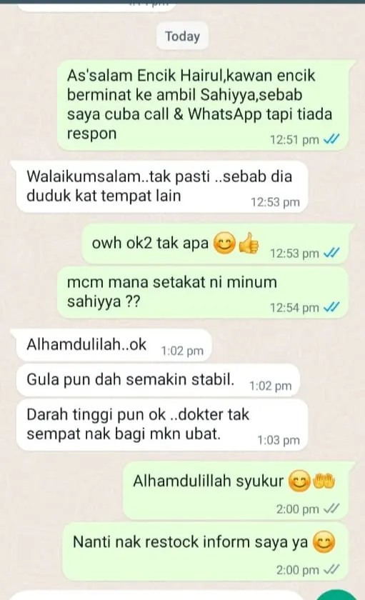 Testimoni WhatsApp: Gula & Darah Tinggi Semakin Stabil