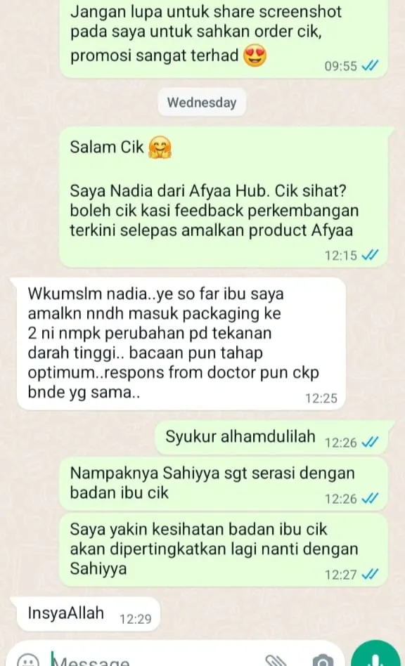 Testimoni WhatsApp: Bacaan Tekanan Darah Berada di Tahap Optimum