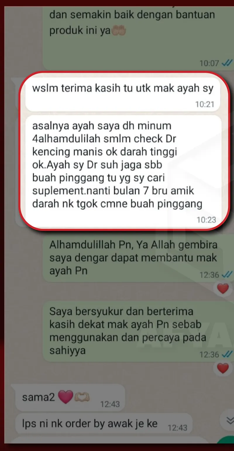 Testimoni WhatsApp: Bacaan Tekanan Darah & Kencing dah Turun