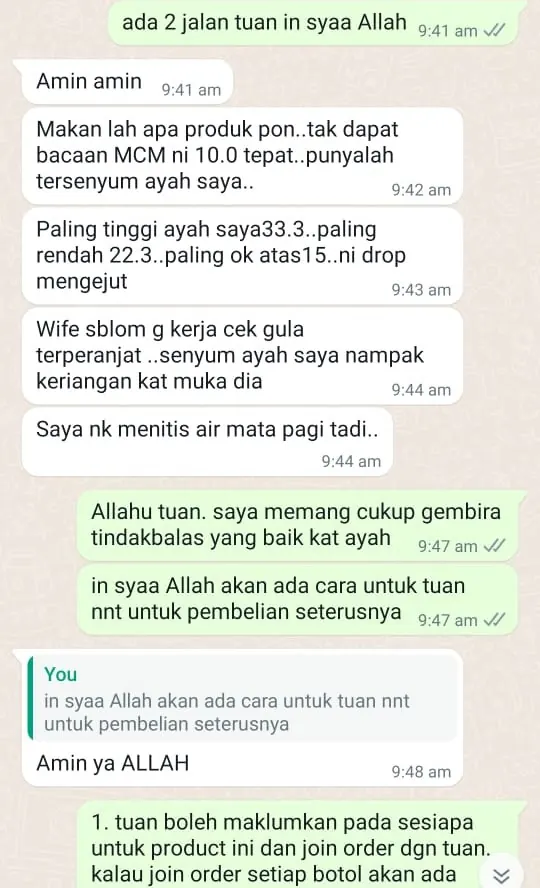 Testimoni WhatsApp: Bacaan Gula Menurun
