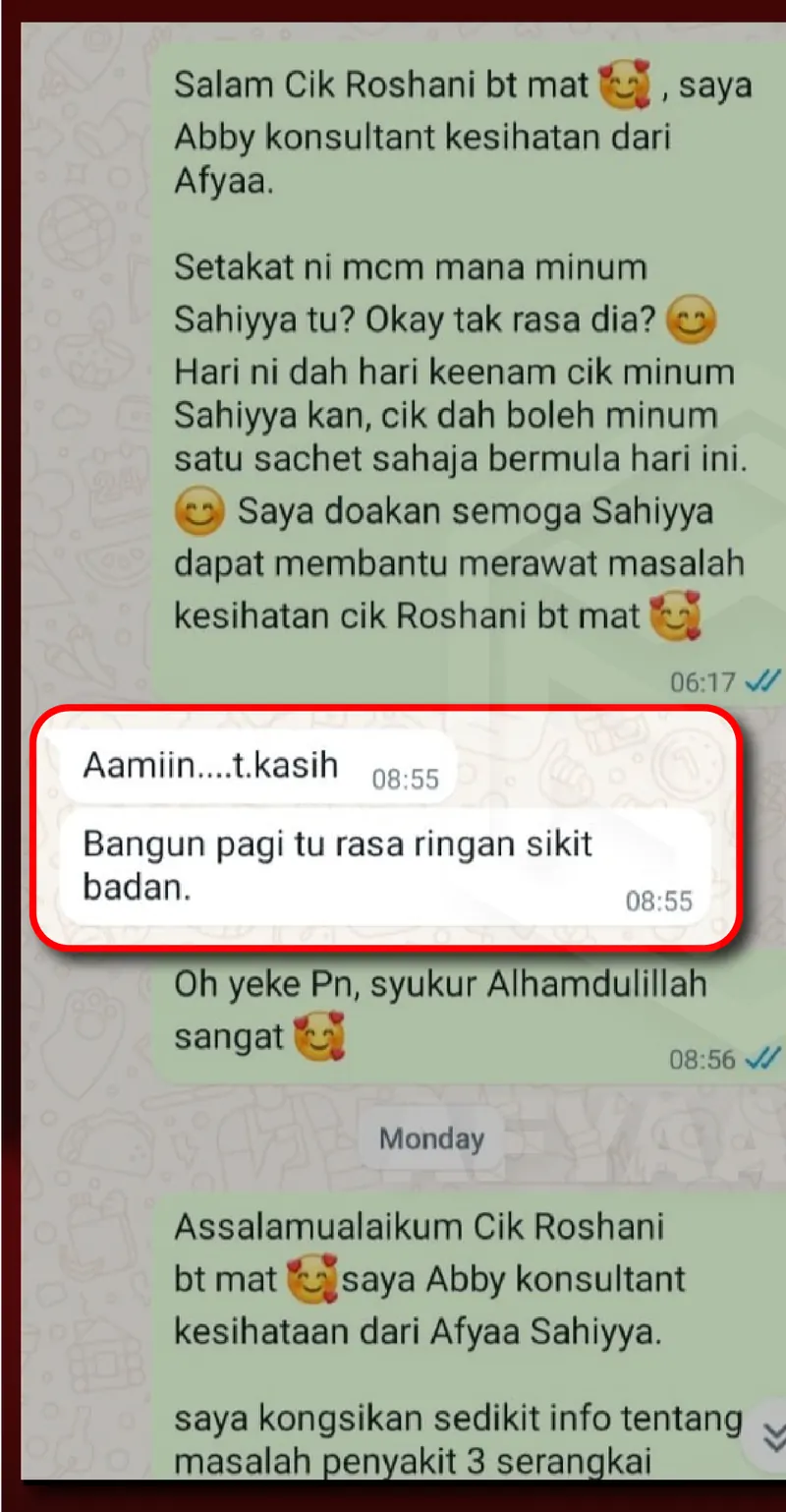 Testimoni WhatsApp: Badan Dah Rasa Ringan & Tak Letih