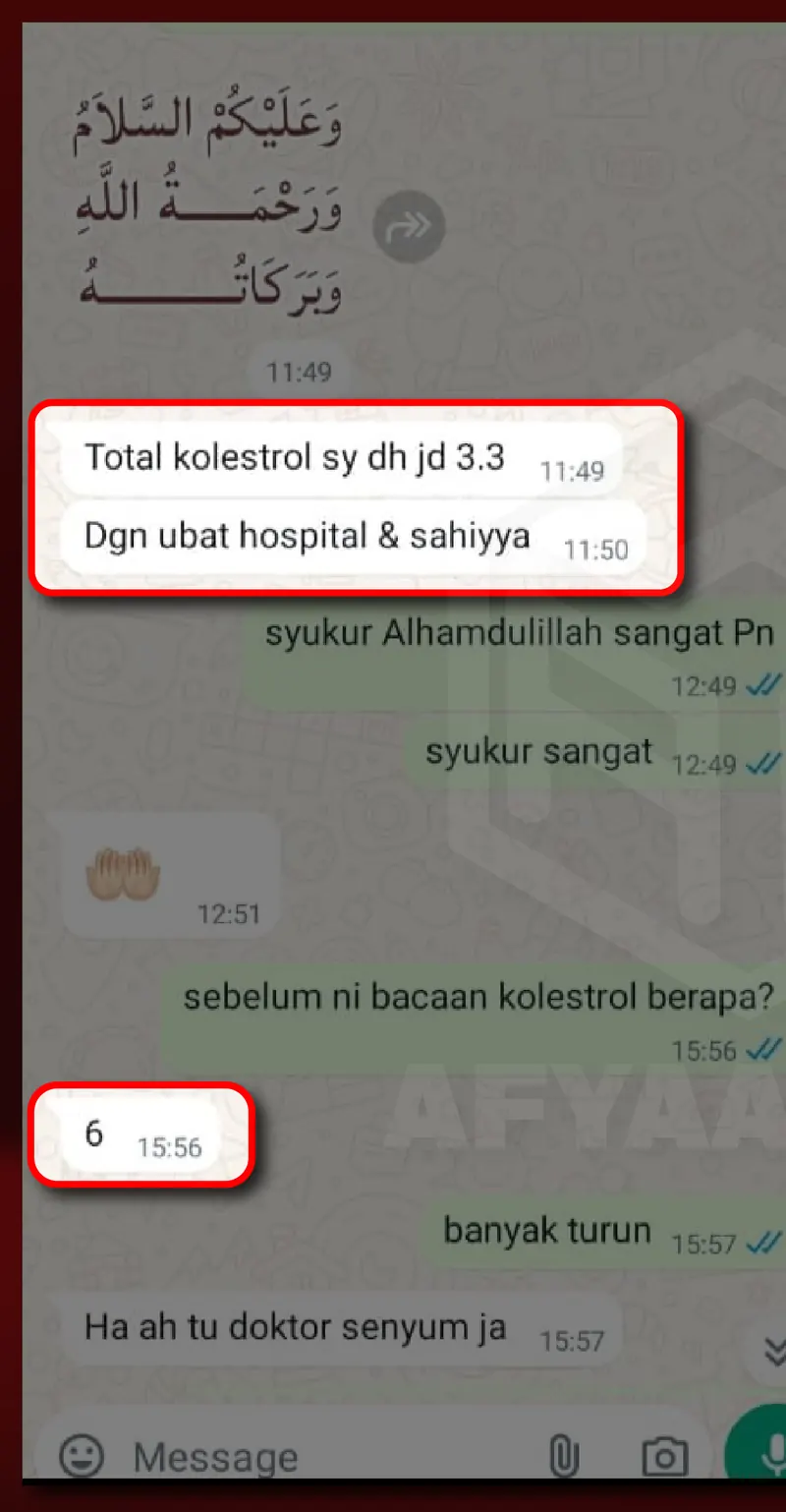 Testimoni WhatsApp: Bacaan Kolesterol Menurun