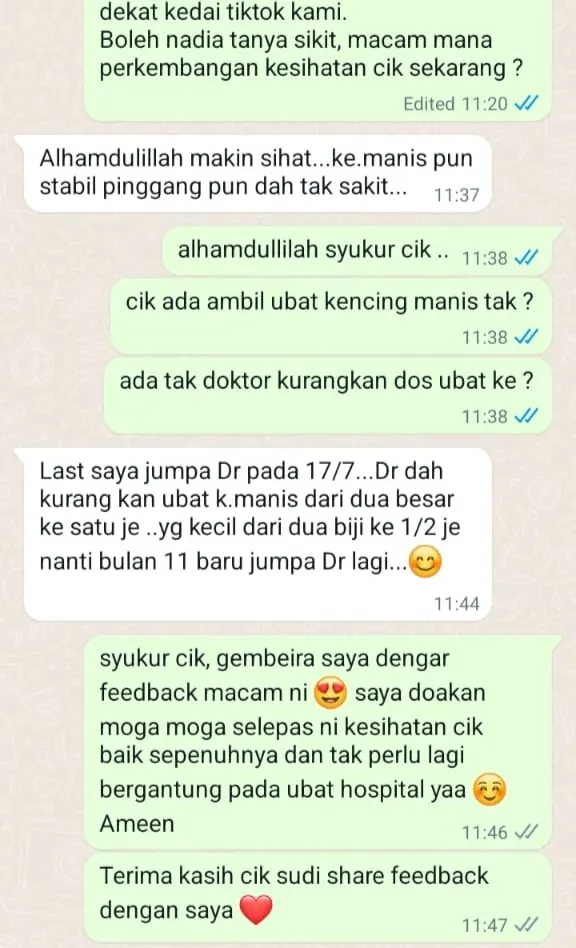 Testimoni WhatsApp: Kencing Manis Dah Stabil & Buah Pinggang Dah Tak Sakit