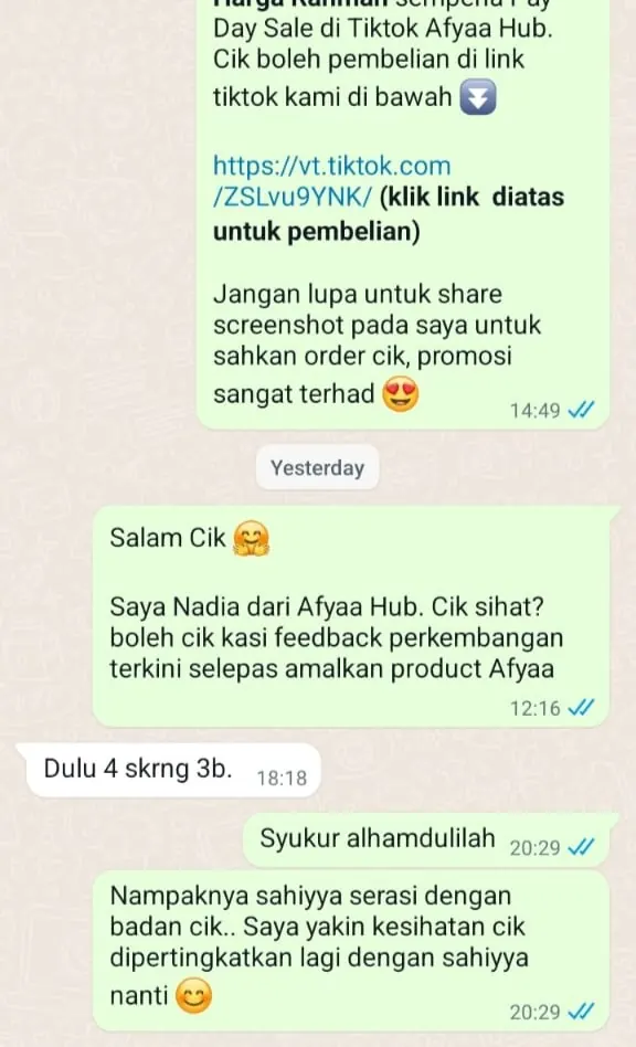 Testimoni WhatsApp: Tahap Buah Pinggang Menurun