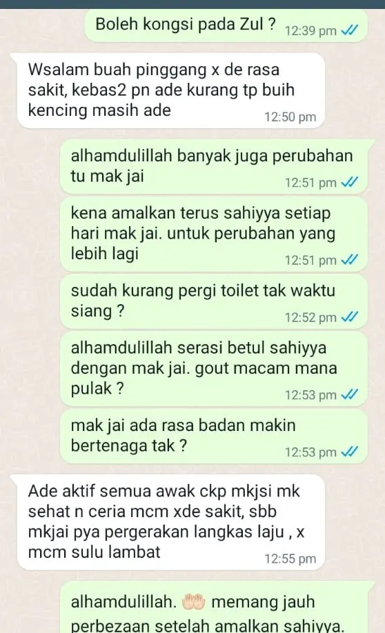 Testimoni WhatsApp: Buah Pinggang Tak Rasa Sakit & Kebas2 Dah Kurang
