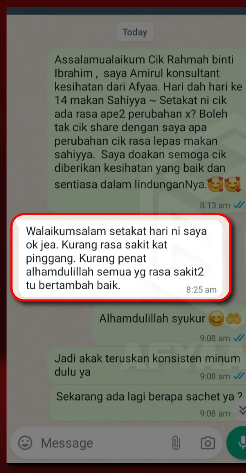 Testimoni WhatsApp: Sakit Pinggang Dah Kurang & Badan Dah Rasa Bertenaga