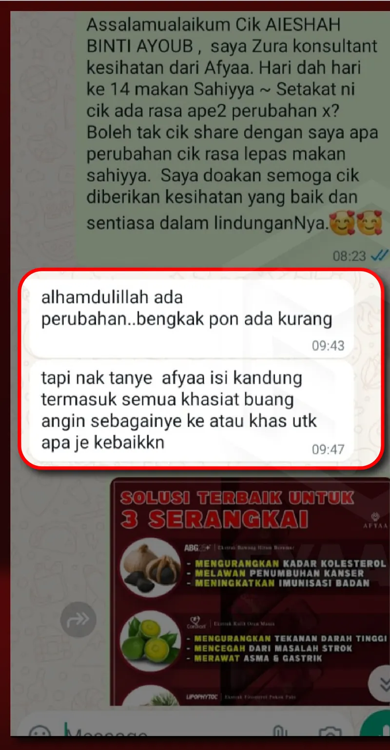 Testimoni WhatsApp: Bengkak Dah Kurang