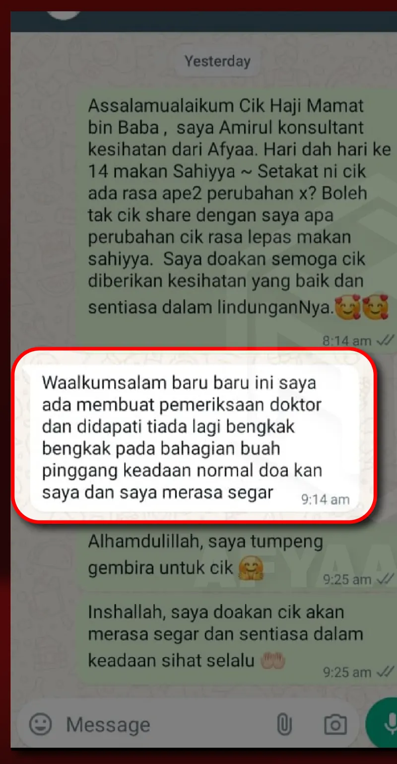 Testimoni WhatsApp: Tiada Bengkak Di Buah Pinggang