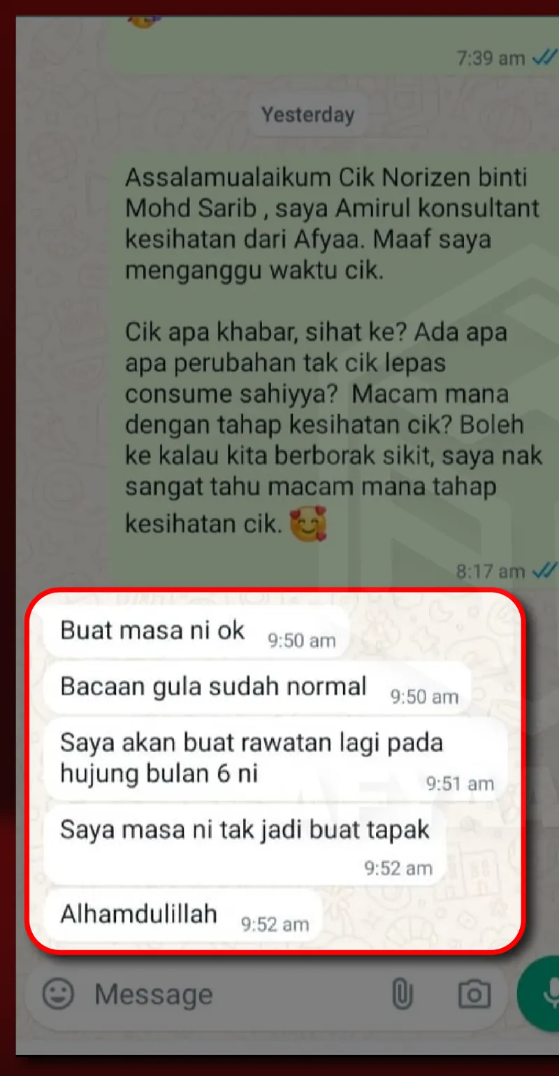 Testimoni WhatsApp: Bacaan Gula Dah Kembali Normal & Buah Pinggang tak Jadi Buat Tapak