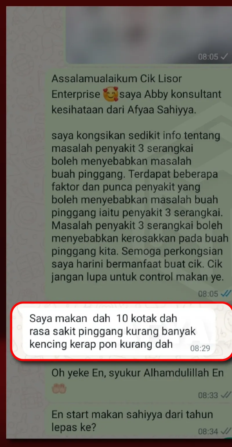 Testimoni WhatsApp: Pinggang dah Kurang Sakit & Kerap Kencing Makin Kurang