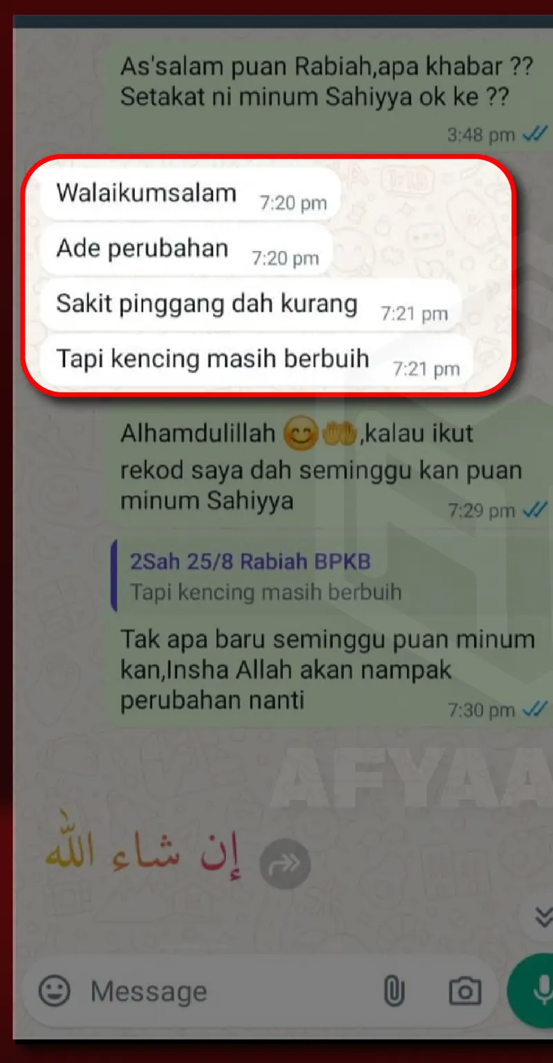 Testimoni WhatsApp: Sakit Pinggang & Kencing Berbuih dah Kurang
