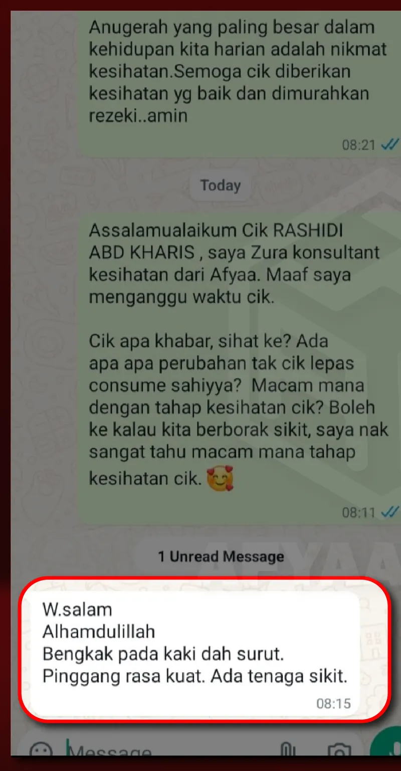 Testimoni WhatsApp: Bengkak Kaki dah Surut & Sakit Pinggang dah Kurang
