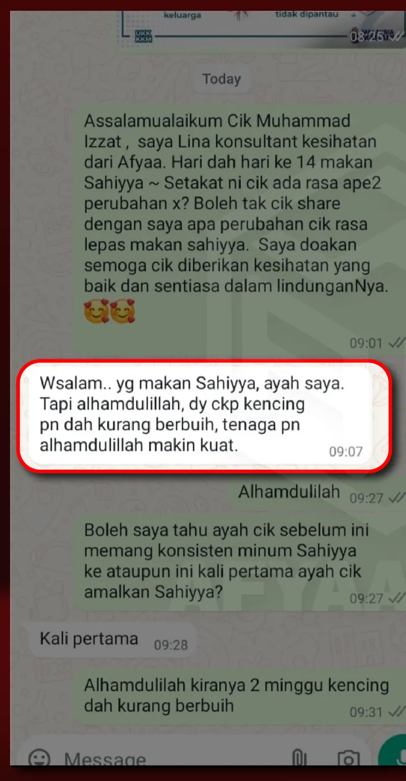 Testimoni WhatsApp: Kencing berbuih kuran lepas 2 minggu