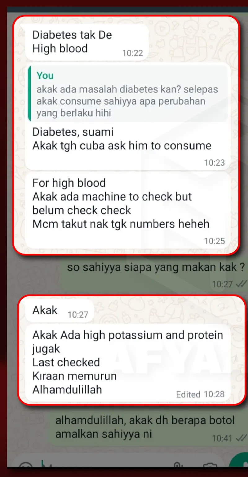 Testimoni WhatsApp: Kiraan high potassium & protein menurun