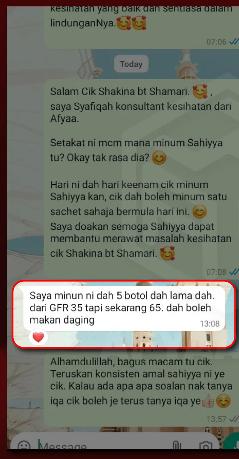Testimoni WhatsApp: Bacaan eGFR Semakin naik dari 35 ke 65