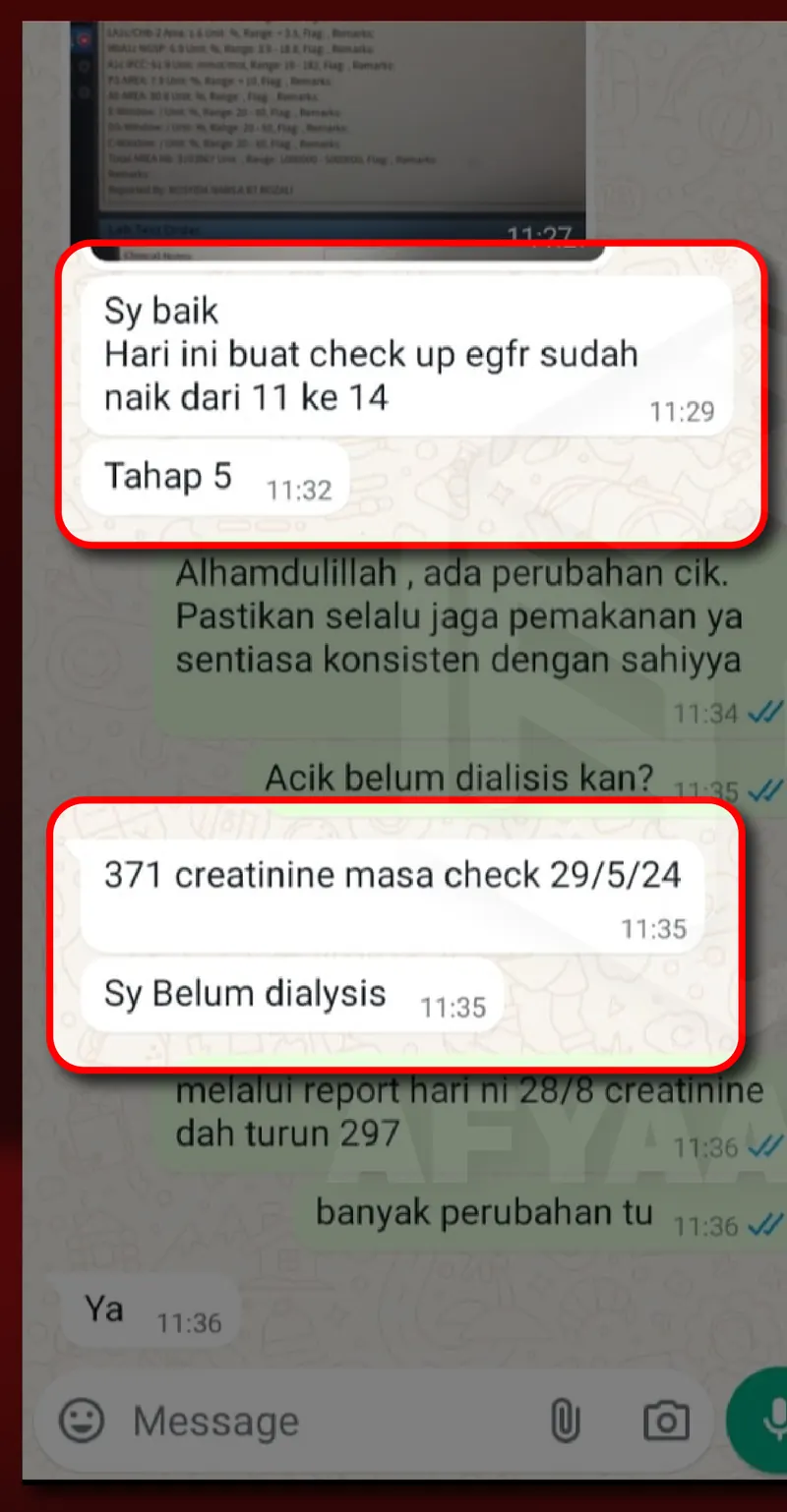 Testimoni WhatsApp: Creatinine dari 371  menurun ke 297