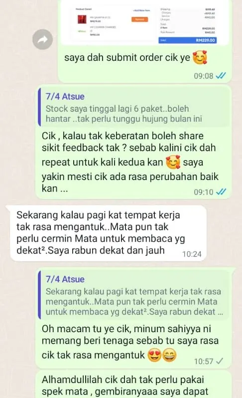 Testimoni WhatsApp: Tak Rasa Mengantuk & Rabun Mata Makin Baik