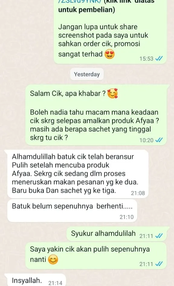 Testimoni WhatsApp: Batuk Dah Beransur Pulih
