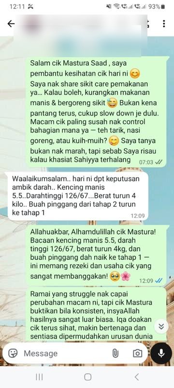 Testi WhatsApp Sahiyya+ tentang bacaan kencing manis, tekanan darah, berat dan buah pinggang