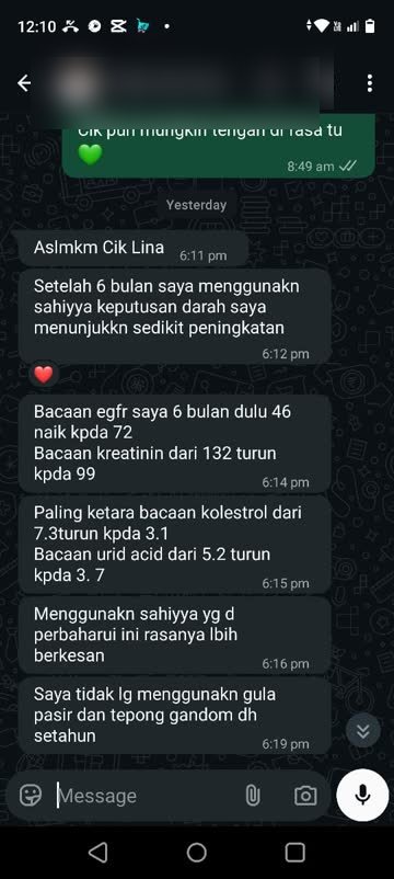 Testi WhatsApp Sahiyya+ tentang eGFR, kreatinin, kolesterol dan uric acid