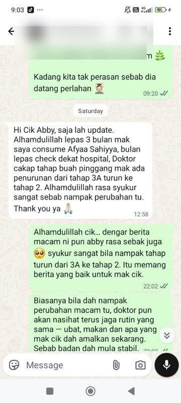 Testi WhatsApp Sahiyya+ tentang tahap buah pinggang selepas 3 bulan
