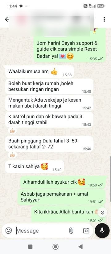 Testi WhatsApp Sahiyya+ tentang kerja rumah, bersukan ringan, kolesterol, darah tinggi dan buah pinggang
