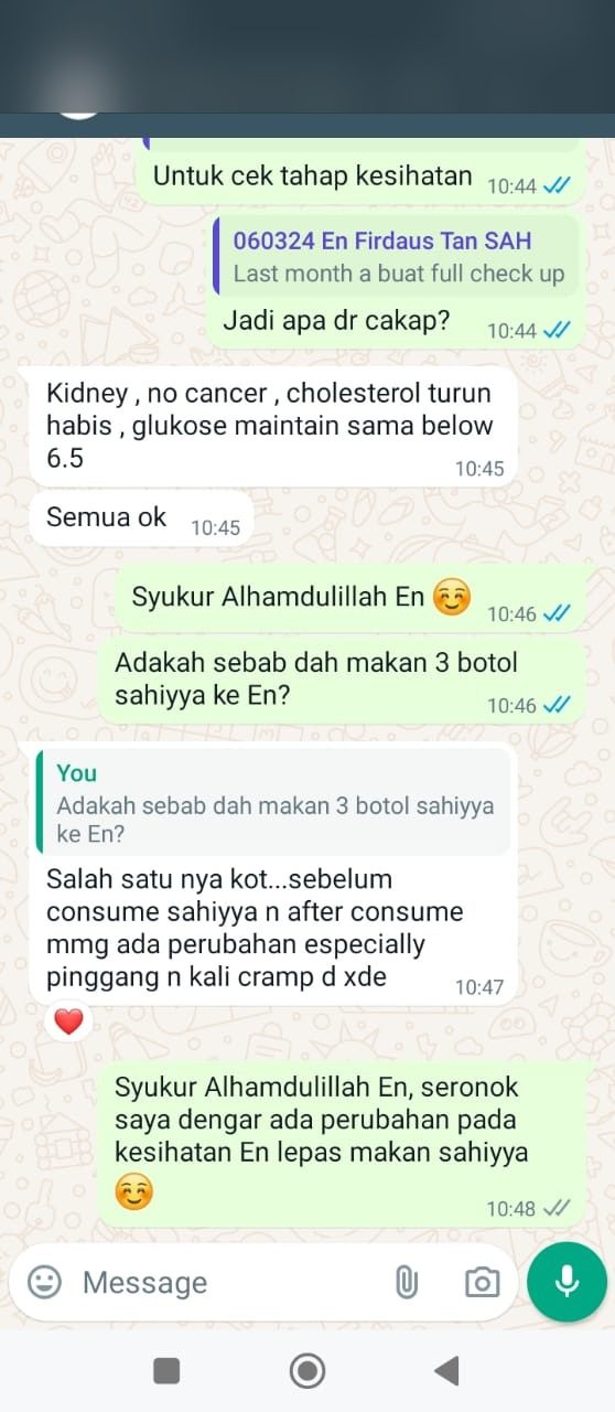 Testi WhatsApp Sahiyya+ tentang kolesterol, glukosa, buah pinggang dan kaki cramp