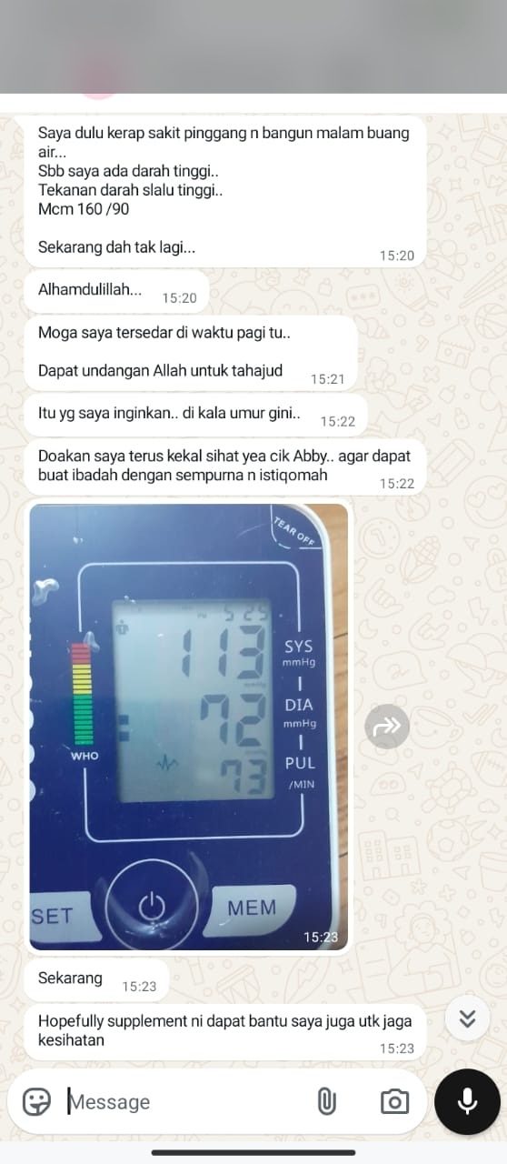 Testi WhatsApp Sahiyya+ tentang tekanan darah dan kencing malam