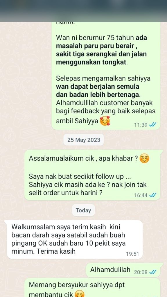 Testi WhatsApp Sahiyya+ tentang tekanan darah stabil dan buah pinggang semakin baik
